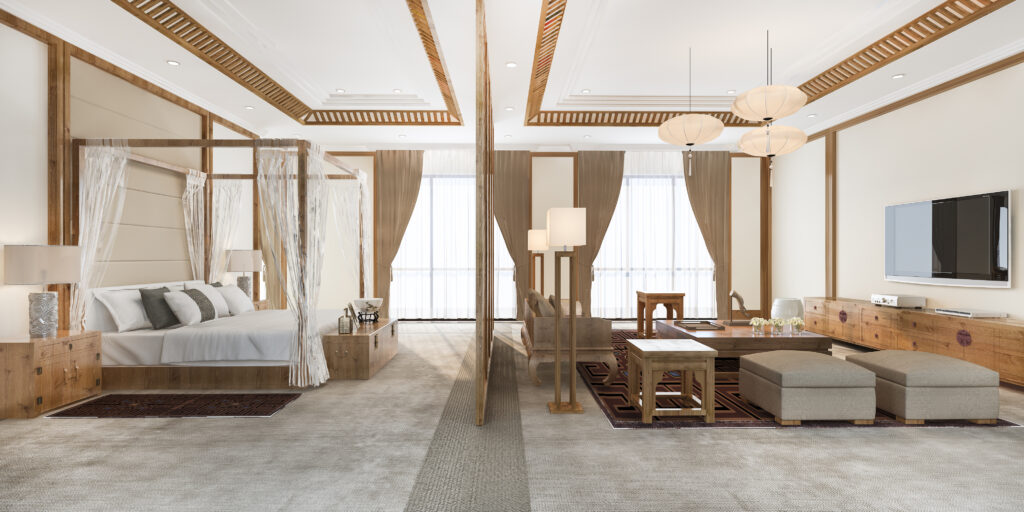 3d rendering luxury tropical bedroom suite in resort hotel and resort asian style